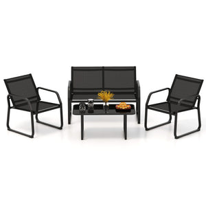 4 Pieces Patio Conversation Set with Breathable Fabric Seat and Tempered Glass Tabletop-Black
