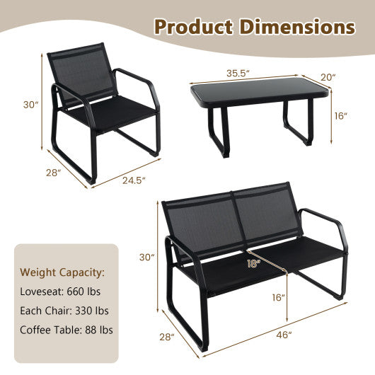 4 Pieces Patio Conversation Set with Breathable Fabric Seat and Tempered Glass Tabletop-Black