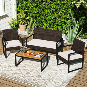 4 Piece Patio Furniture Set Outdoor Rattan Conversation Set with Cushioned Chairs and Wood Plastic Coffee Table-Off White