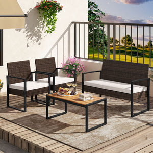 4 Piece Patio Furniture Set Outdoor Rattan Conversation Set with Cushioned Chairs and Wood Plastic Coffee Table-Off White