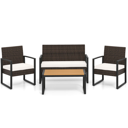 4 Piece Patio Furniture Set Outdoor Rattan Conversation Set with Cushioned Chairs and Wood Plastic Coffee Table-Off White