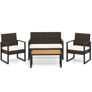 4 Piece Patio Furniture Set Outdoor Rattan Conversation Set with Cushioned Chairs and Wood Plastic Coffee Table-Off White