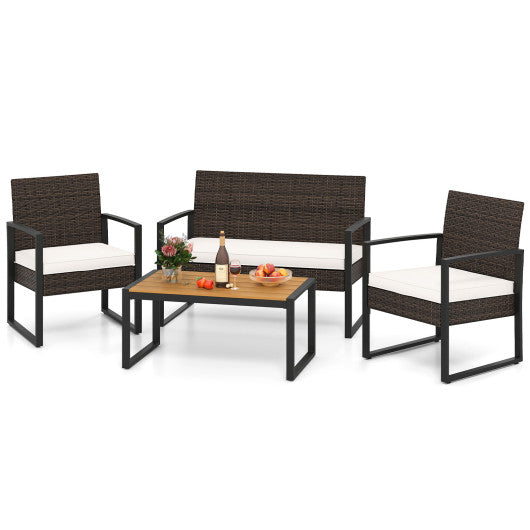 4 Piece Patio Furniture Set Outdoor Rattan Conversation Set with Cushioned Chairs and Wood Plastic Coffee Table-Off White
