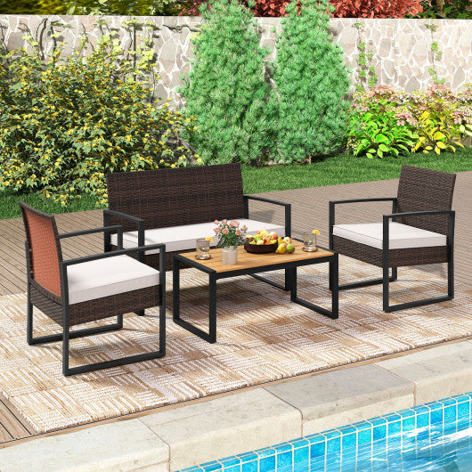 4 Piece Patio Furniture Set Outdoor Rattan Conversation Set with Cushioned Chairs and Wood Plastic Coffee Table-Off White