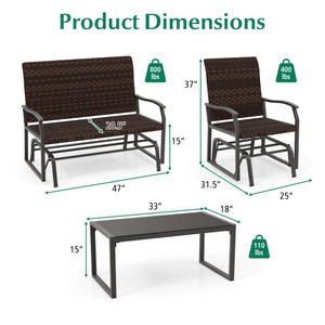 4 Piece Patio Gliding Set Wicker Swing Glider Furniture Set All Weather witrh Tempered Glass Coffee Table-Brown