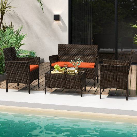 4 Piece Patio Rattan Conversation Set with Cozy Seat Cushions-Orange