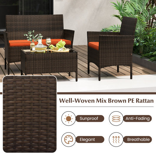4 Piece Patio Rattan Conversation Set with Cozy Seat Cushions-Orange