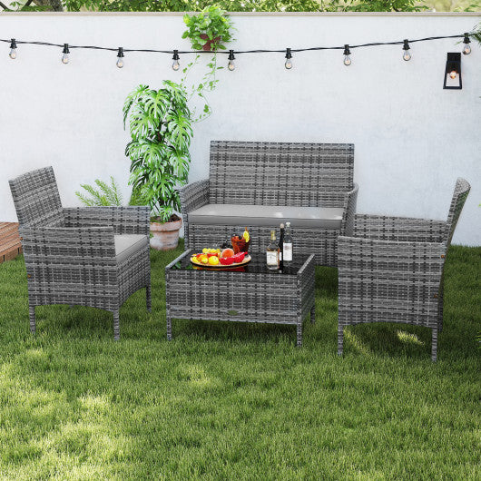 4 Piece Patio Rattan Conversation Set with Cozy Seat Cushions-Light Gray