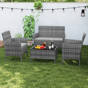4 Piece Patio Rattan Conversation Set with Cozy Seat Cushions-Light Gray