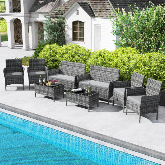 4 Piece Patio Rattan Conversation Set with Cozy Seat Cushions-Light Gray