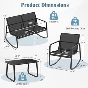 4 Piece Patio Rocking Set with Glass-Top Table-Black