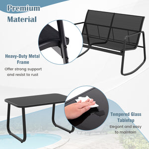 4 Piece Patio Rocking Set with Glass-Top Table-Black