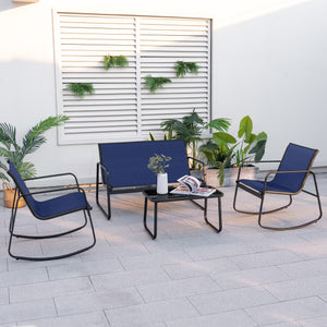4 Piece Patio Rocking Set with Glass-Top Table-Navy