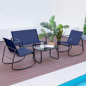 4 Piece Patio Rocking Set with Glass-Top Table-Navy