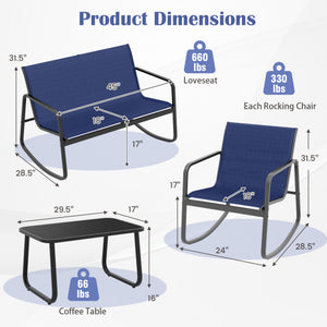 4 Piece Patio Rocking Set with Glass-Top Table-Navy