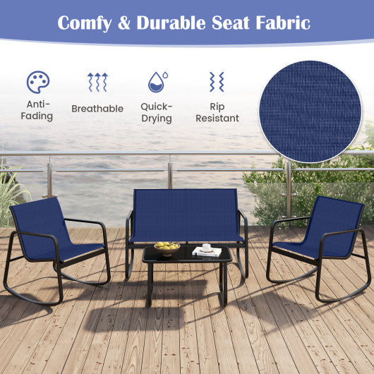 4 Piece Patio Rocking Set with Glass-Top Table-Navy