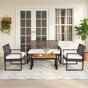 4-Piece Patio Set with Acacia Coffee Table and Wicker Chairs for Backyard-Brown & Black