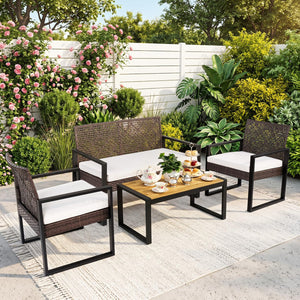 4-Piece Patio Set with Acacia Coffee Table and Wicker Chairs for Backyard-Brown & Black