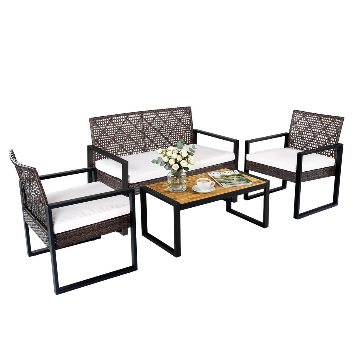 4-Piece Patio Set with Acacia Coffee Table and Wicker Chairs for Backyard-Brown & Black