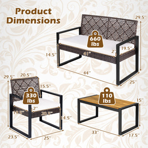 4-Piece Patio Set with Acacia Coffee Table and Wicker Chairs for Backyard-Brown & Black