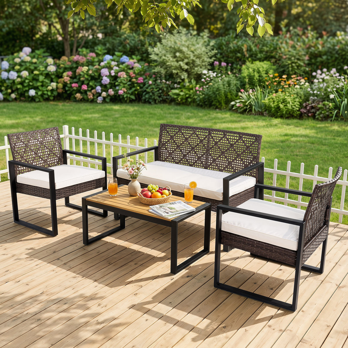 4-Piece Patio Set with Acacia Coffee Table and Wicker Chairs for Backyard-Brown & Black