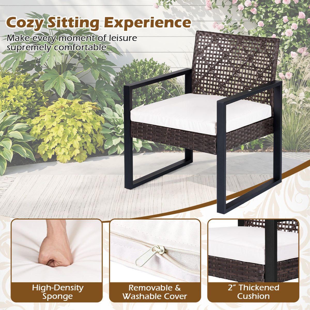 4-Piece Patio Set with Acacia Coffee Table and Wicker Chairs for Backyard-Brown & Black
