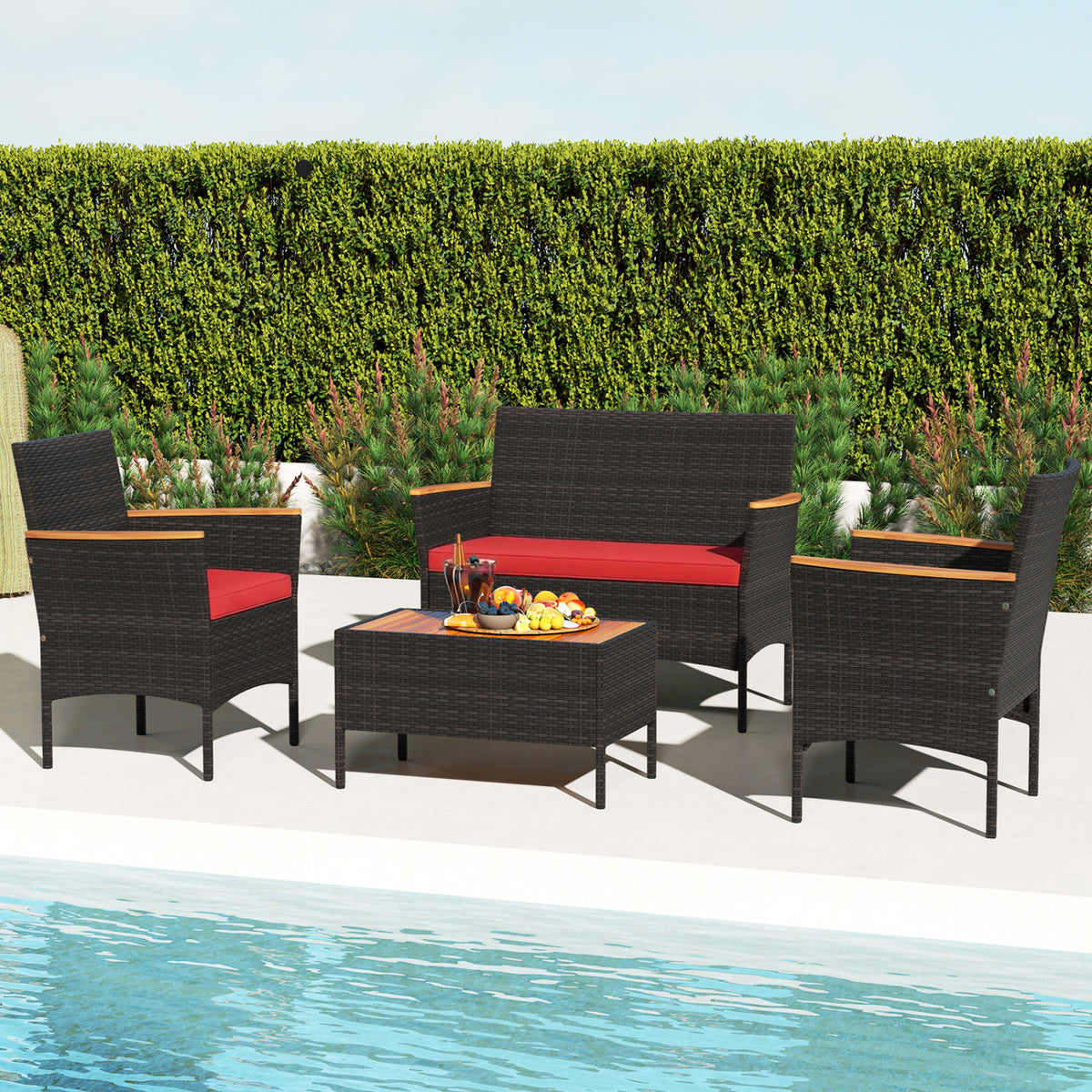4 Piece Patio Wicker Sofa Set 2 Rattan Chairs and Loveseat with Table-Red