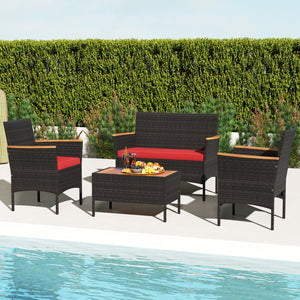 4 Piece Patio Wicker Sofa Set 2 Rattan Chairs and Loveseat with Table-Red