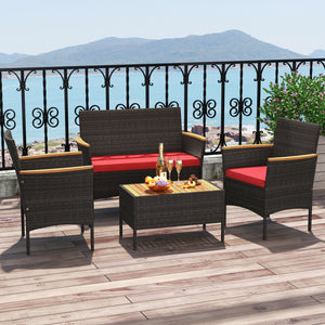 4 Piece Patio Wicker Sofa Set 2 Rattan Chairs and Loveseat with Table-Red