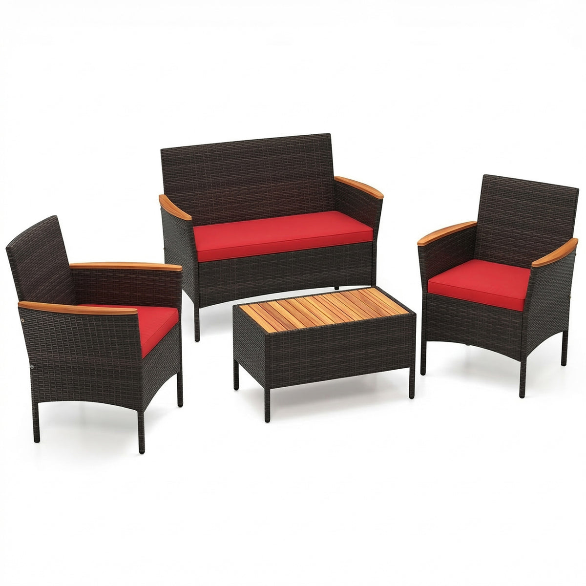 4 Piece Patio Wicker Sofa Set 2 Rattan Chairs and Loveseat with Table-Red