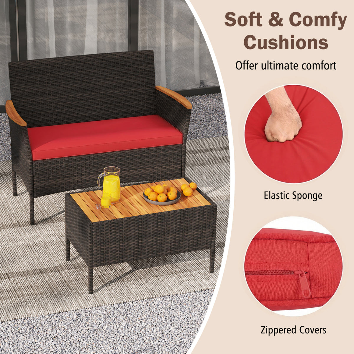 4 Piece Patio Wicker Sofa Set 2 Rattan Chairs and Loveseat with Table-Red