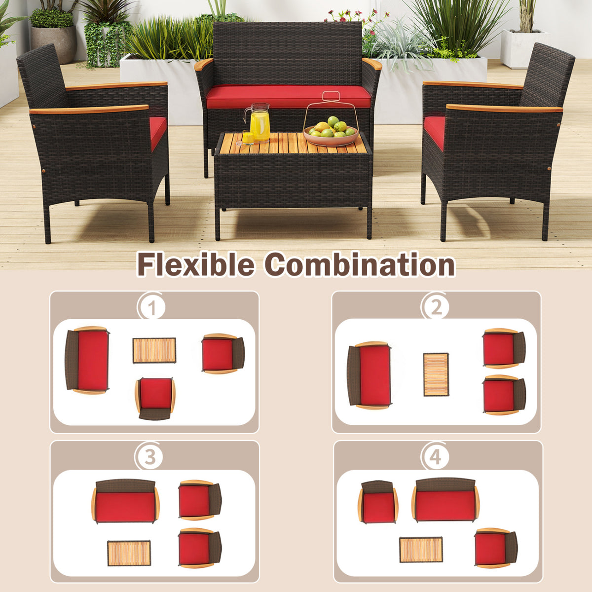 4 Piece Patio Wicker Sofa Set 2 Rattan Chairs and Loveseat with Table-Red