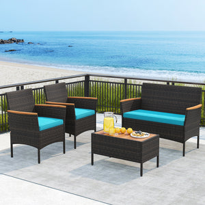 4 Piece Patio Wicker Sofa Set 2 Rattan Chairs and Loveseat with Table-Turquoise