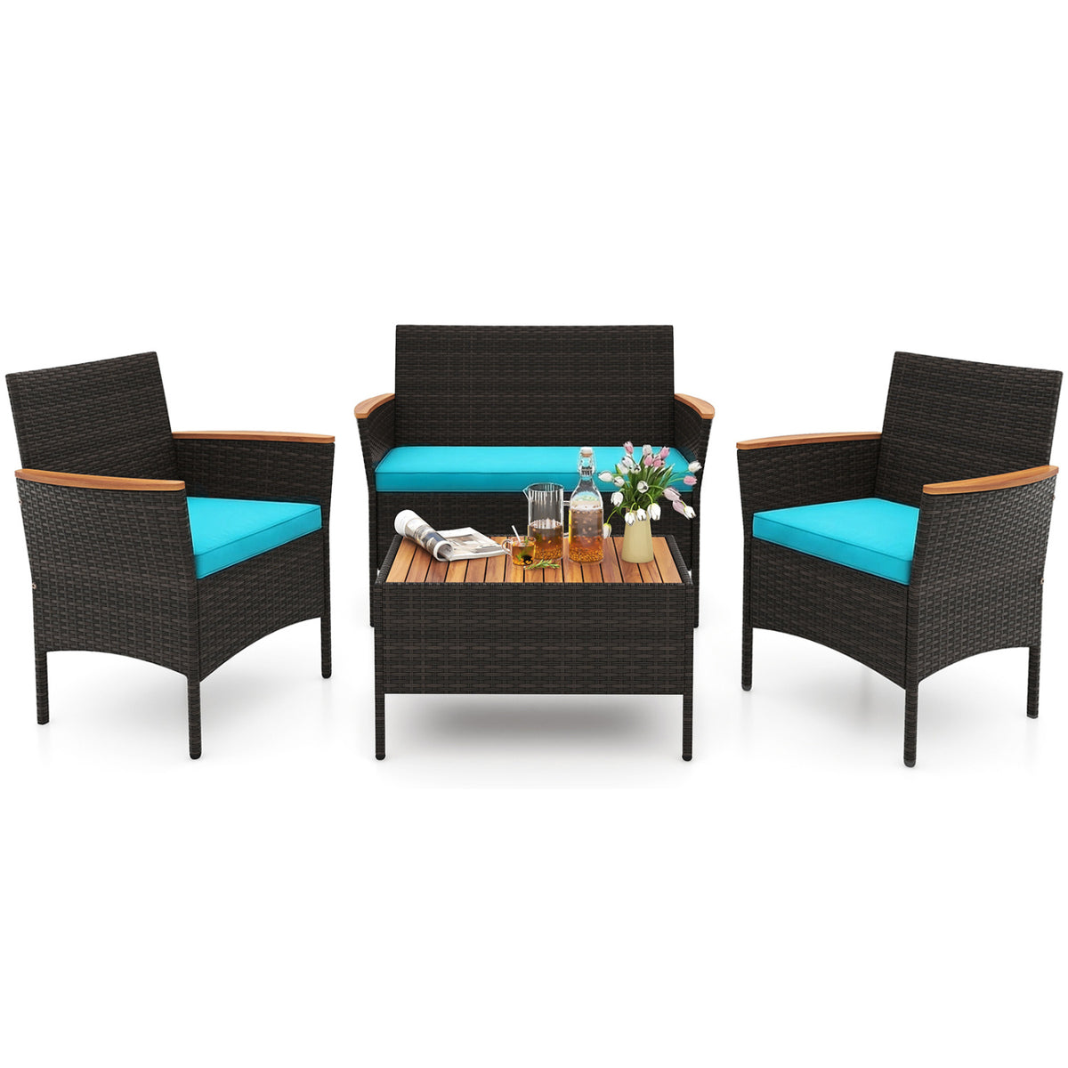 4 Piece Patio Wicker Sofa Set 2 Rattan Chairs and Loveseat with Table-Turquoise