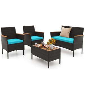 4 Piece Patio Wicker Sofa Set 2 Rattan Chairs and Loveseat with Table-Turquoise