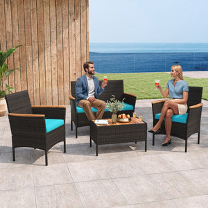 4 Piece Patio Wicker Sofa Set 2 Rattan Chairs and Loveseat with Table-Turquoise