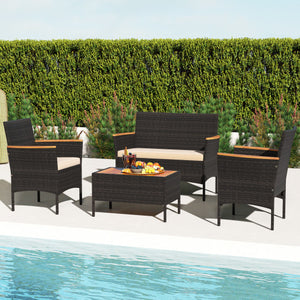 4 Piece Patio Wicker Sofa Set 2 Rattan Chairs and Loveseat with Table-Brown