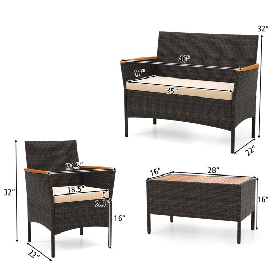 4 Piece Patio Wicker Sofa Set 2 Rattan Chairs and Loveseat with Table-Brown