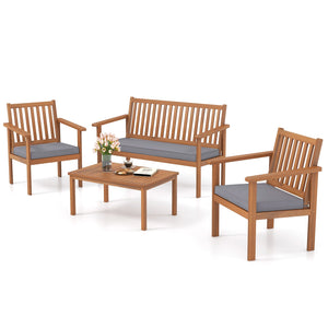 4 Piece Patio Wood Furniture Set Acacia Wood Sofa Set with Loveseat-Gray