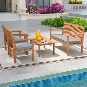 4 Piece Patio Wood Furniture Set Acacia Wood Sofa Set with Loveseat-Gray