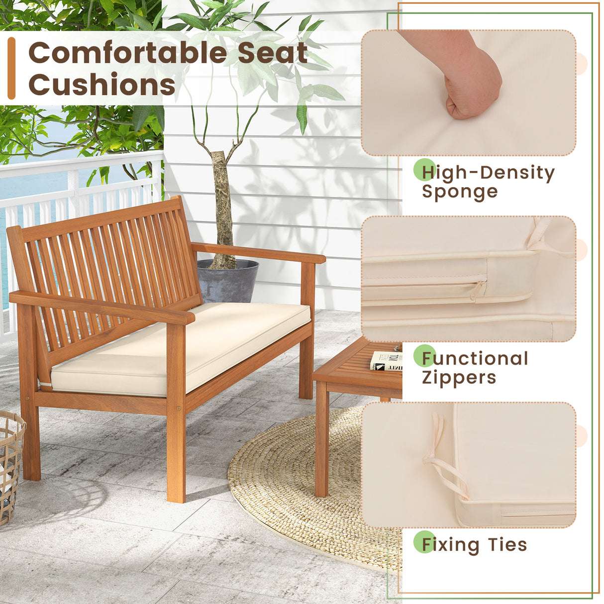 4 Piece Patio Wood Furniture Set Acacia Wood Sofa Set with Loveseat-Off White