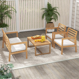 4 Piece Wood Patio Conversation Set with 2 Armchairs and Coffee Table-White