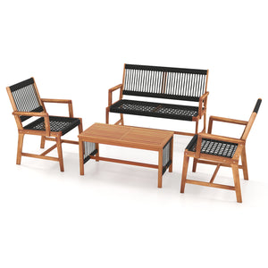 4 Pieces Acacia Wood Patio Conversation Table and Chair Set with Hand Woven Rope