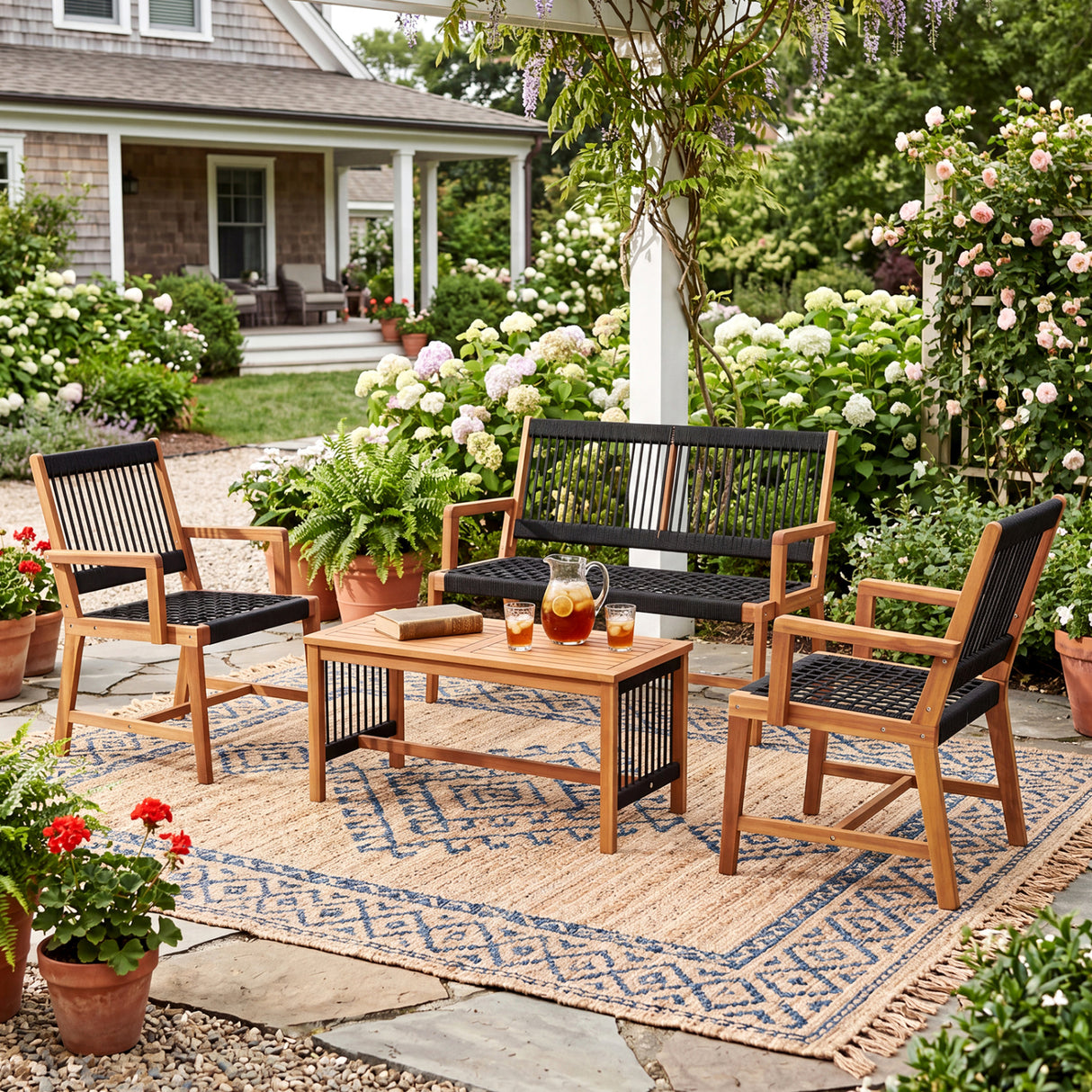 4 Pieces Acacia Wood Patio Conversation Table and Chair Set with Hand Woven Rope