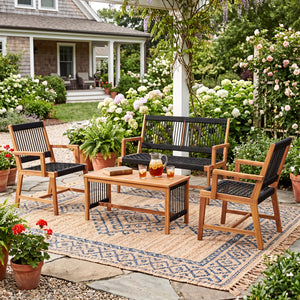 4 Pieces Acacia Wood Patio Conversation Table and Chair Set with Hand Woven Rope