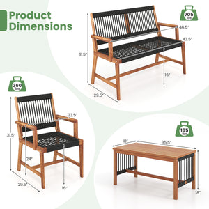 4 Pieces Acacia Wood Patio Conversation Table and Chair Set with Hand Woven Rope