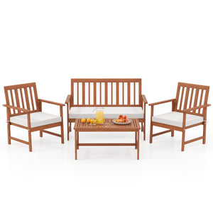 4 Pieces Acacia Wood Furniture Set with Seat Cushions and Robust Wood Frame-White