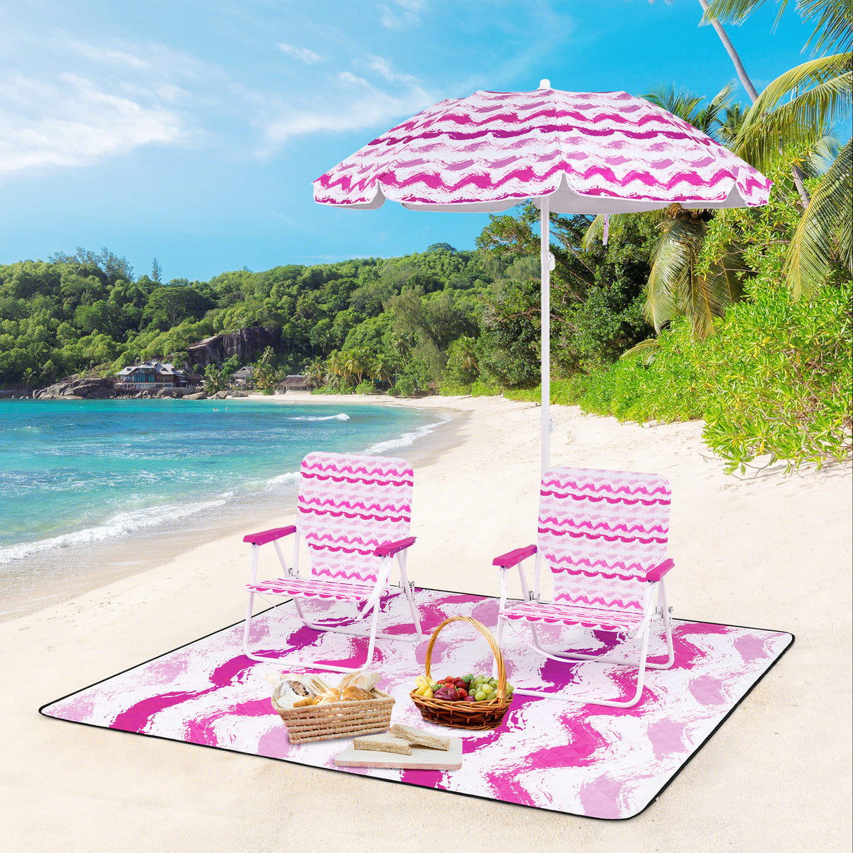 4 Pieces Beach Umbrella Set with 2 Foldable Chairs and Picnic Blanket-Pink