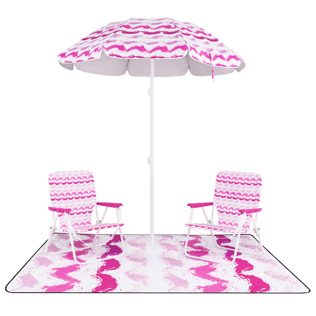 4 Pieces Beach Umbrella Set with 2 Foldable Chairs and Picnic Blanket-Pink