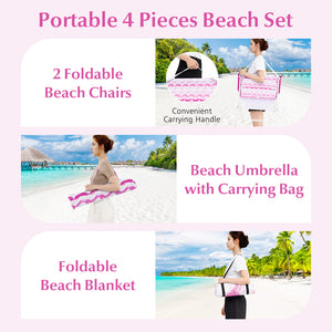 4 Pieces Beach Umbrella Set with 2 Foldable Chairs and Picnic Blanket-Pink